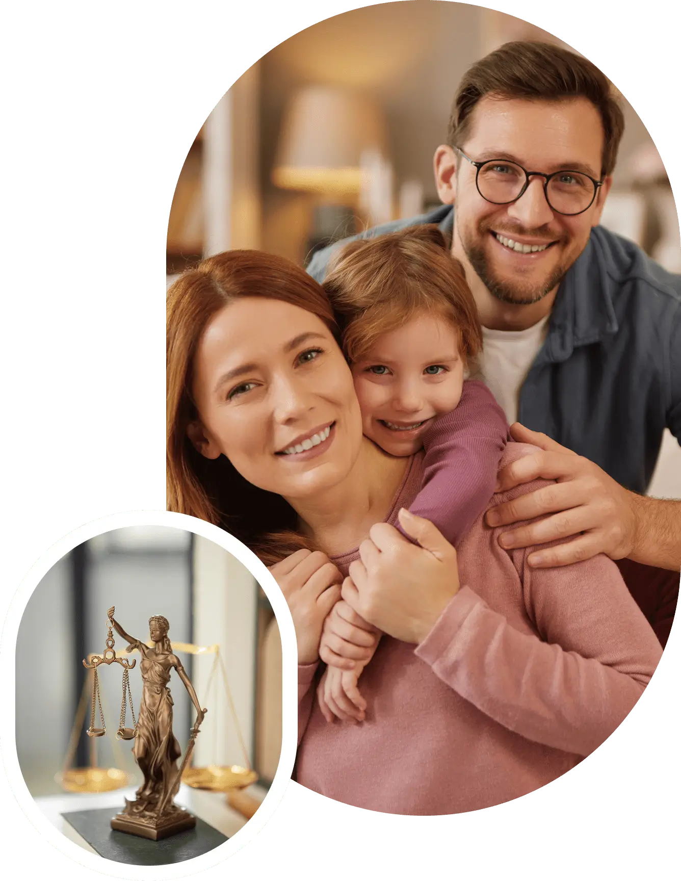 Smiling family with Lady Justice statue inset.